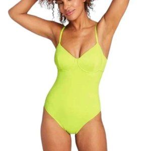 Andie Bermuda One Piece Swimsuit Neon Lemon Yellow Women's Size Small Demi Cup